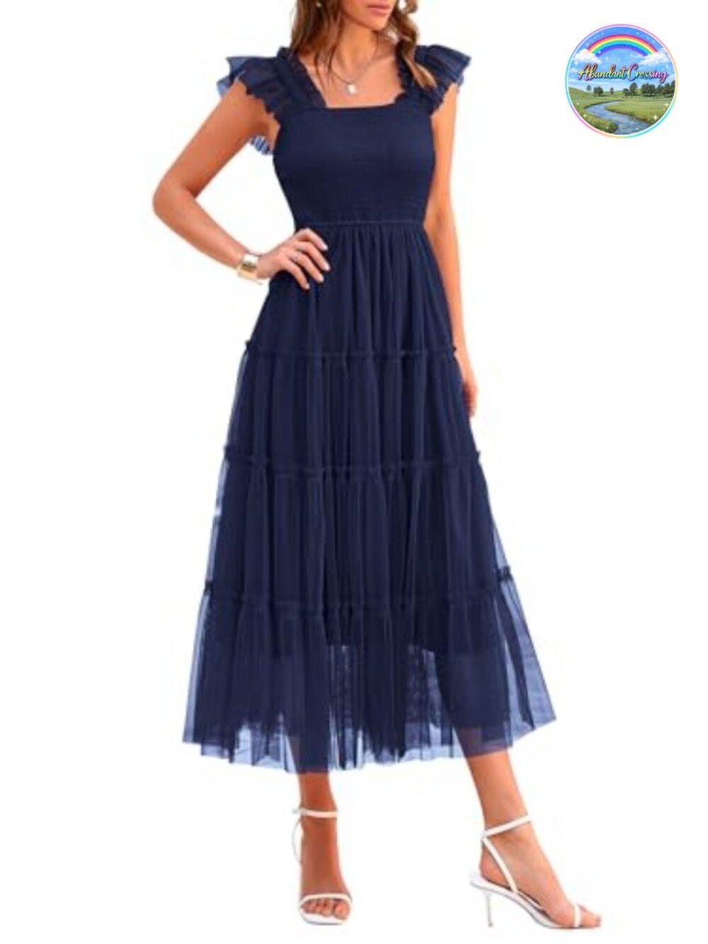 Smocked Tulle Midi Sundress Sleeveless Square Neck Fit Flare